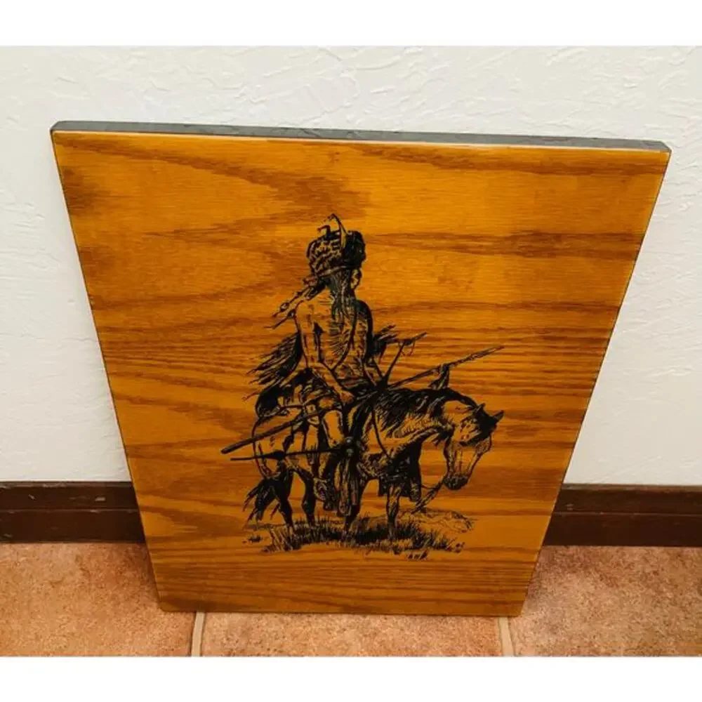 Vintage 70.s Shellaced Wood wall clock Indian on a Horse